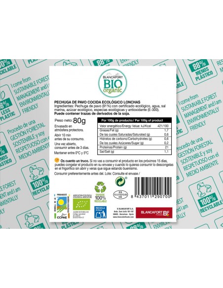 Pechuga de Pavo Asada Orgánica, Pack 80 Gr (Blancafort)